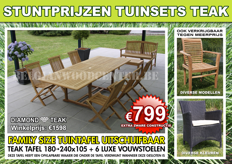 Teak tuin - Teak family Size tafel + 6 luxe vouwstoelen